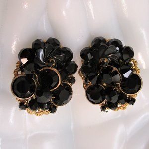 1950s Black Crystal Gilt Gold Clip Earrings